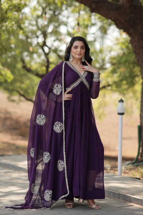Picture of Fine Faux Blooming Purple Readymade Gown With Dupatta
