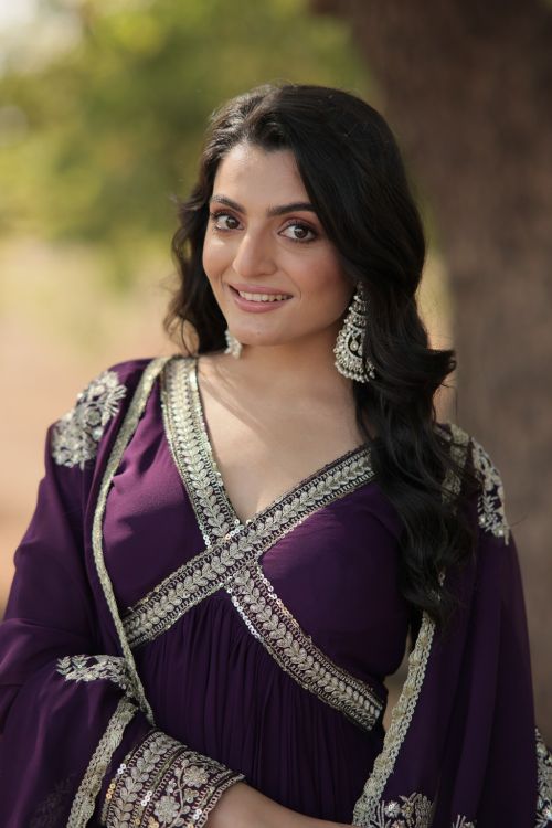 Picture of Fine Faux Blooming Purple Readymade Gown With Dupatta