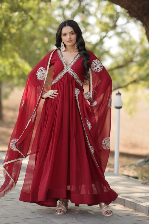 Picture of Well Formed Faux Blooming Maroon Readymade Gown With Dupatta