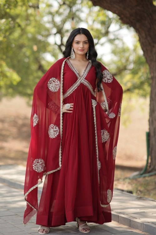 Picture of Well Formed Faux Blooming Maroon Readymade Gown With Dupatta