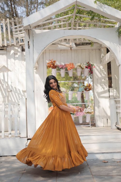 Picture of Gorgeous Georgette Yellow Readymade Gown