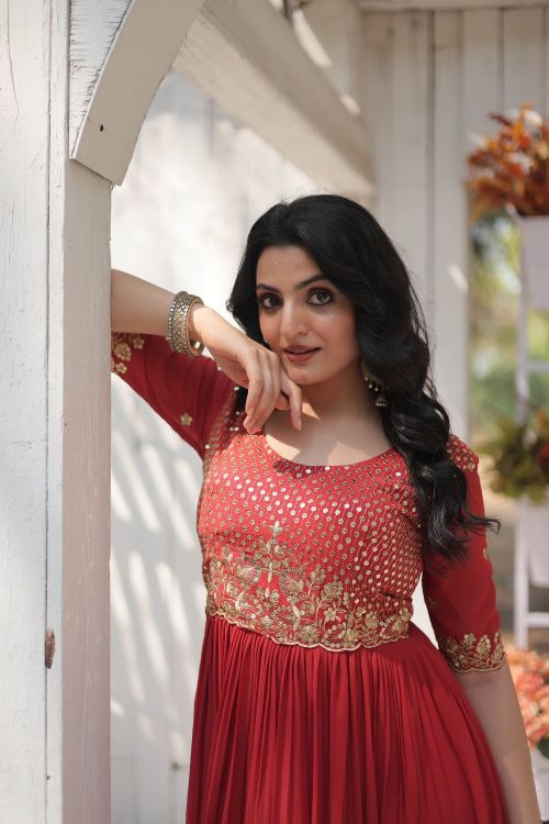 Picture of Pretty Faux Blooming Orange Readymade Gown