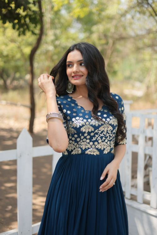 Picture of Enticing Faux Blooming Teal Readymade Gown