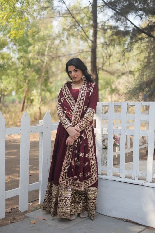 Picture of Superb Vichitra Shimmer Maroon Readymade Gown With Dupatta