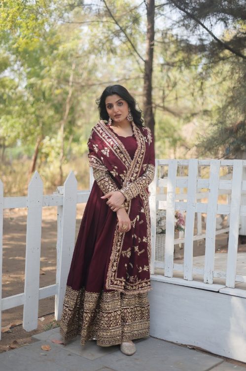 Picture of Superb Vichitra Shimmer Maroon Readymade Gown With Dupatta