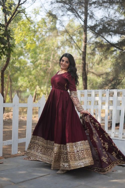 Picture of Superb Vichitra Shimmer Maroon Readymade Gown With Dupatta