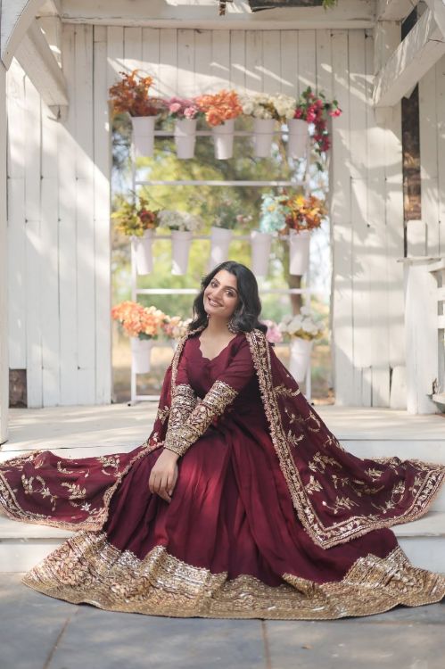 Picture of Superb Vichitra Shimmer Maroon Readymade Gown With Dupatta