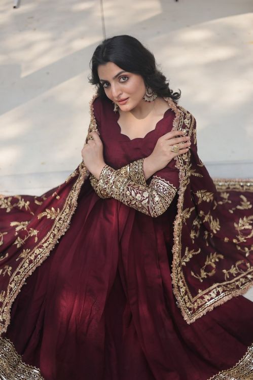 Picture of Superb Vichitra Shimmer Maroon Readymade Gown With Dupatta