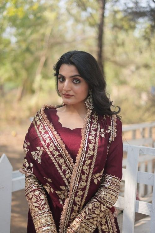 Picture of Superb Vichitra Shimmer Maroon Readymade Gown With Dupatta