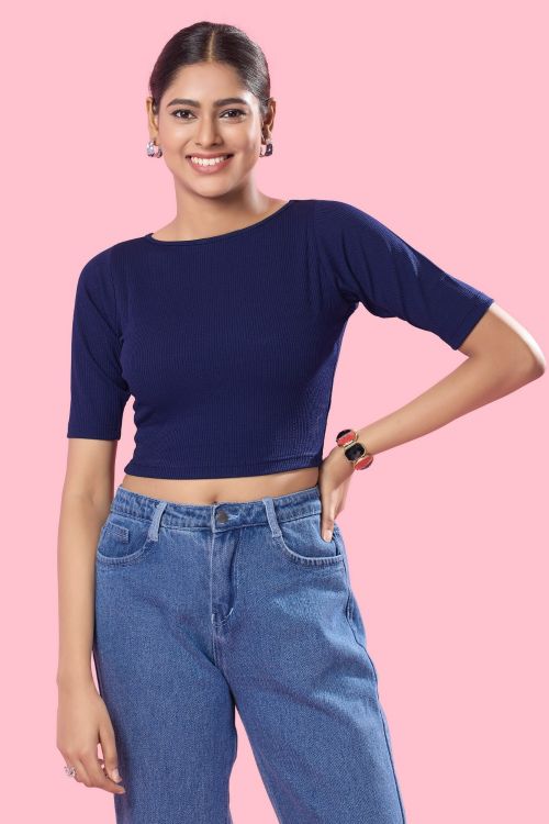 Picture of Sublime Cotton Lycra Navy Blue Readymade Blouse