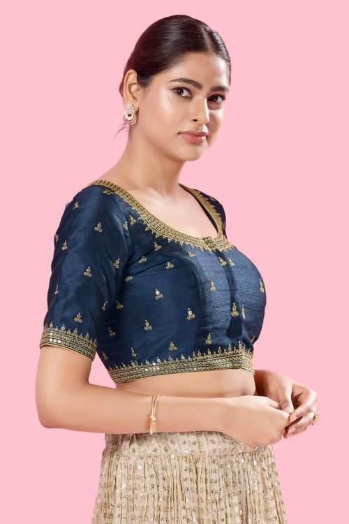 Picture of Elegant Mulbury Silk Navy Blue Readymade Blouse