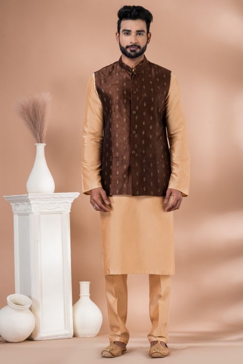 Picture of Charming Cotton Saddle Brown Kurta Pajama With Jacket