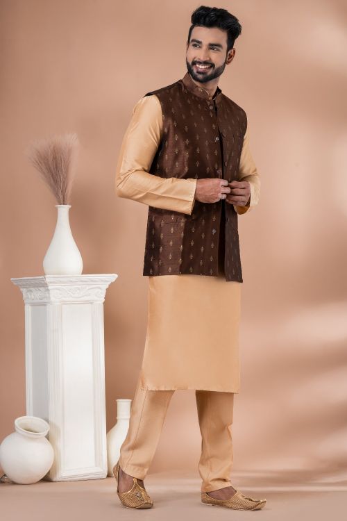 Picture of Charming Cotton Saddle Brown Kurta Pajama With Jacket