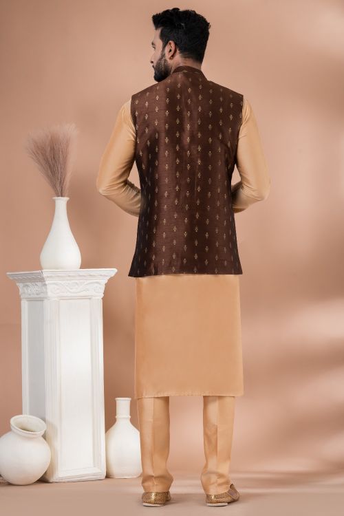 Picture of Charming Cotton Saddle Brown Kurta Pajama With Jacket