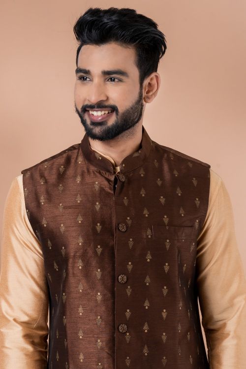 Picture of Charming Cotton Saddle Brown Kurta Pajama With Jacket