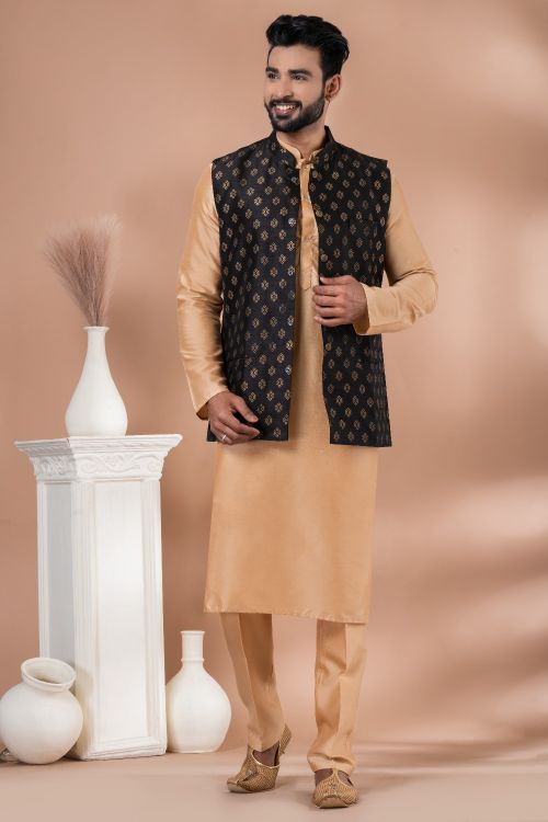 Picture of Pretty Dhupion Silk Black Kurta Pajama With Jacket