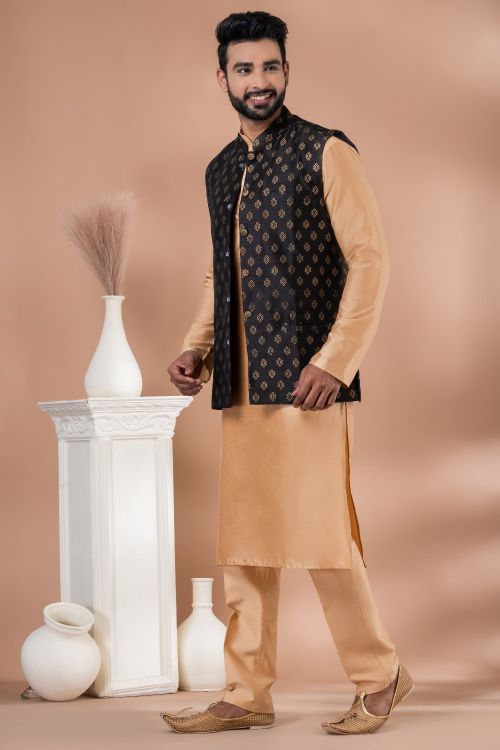 Picture of Pretty Dhupion Silk Black Kurta Pajama With Jacket