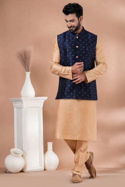 Picture of Good Looking Dhupion Silk Navy Blue Kurta Pajama With Jacket