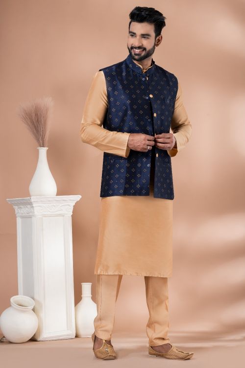 Picture of Good Looking Dhupion Silk Navy Blue Kurta Pajama With Jacket