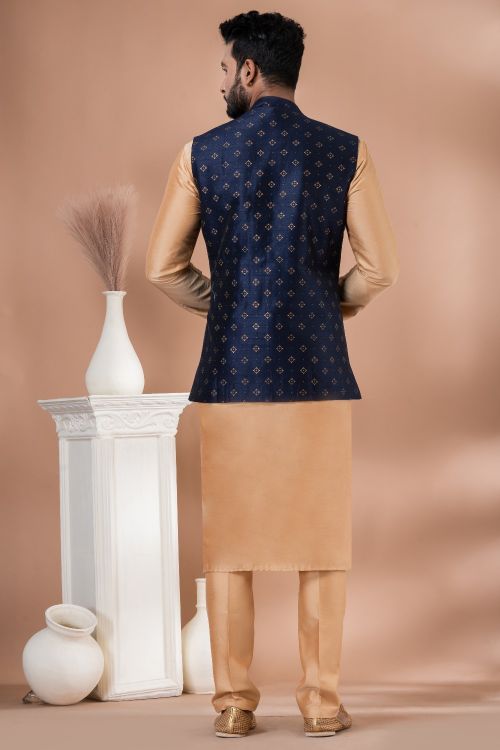 Picture of Good Looking Dhupion Silk Navy Blue Kurta Pajama With Jacket