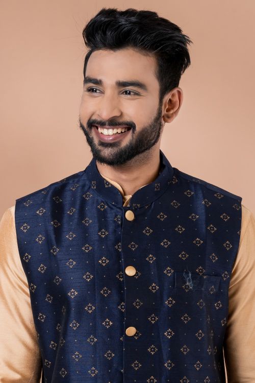 Picture of Good Looking Dhupion Silk Navy Blue Kurta Pajama With Jacket