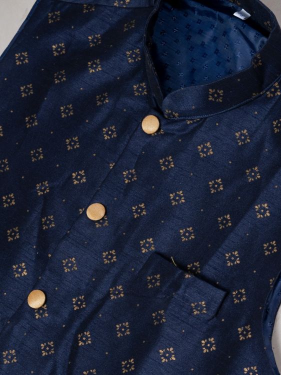 Picture of Good Looking Dhupion Silk Navy Blue Kurta Pajama With Jacket
