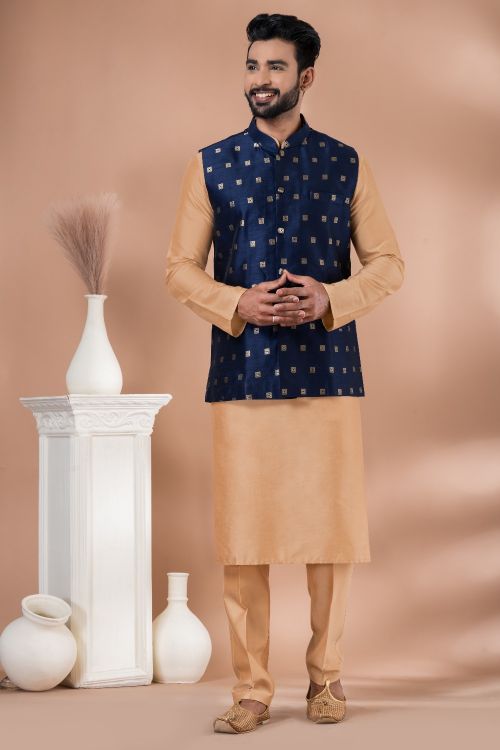 Picture of Exquisite Mulberry Butti Navy Blue Kurta Pajama With Jacket