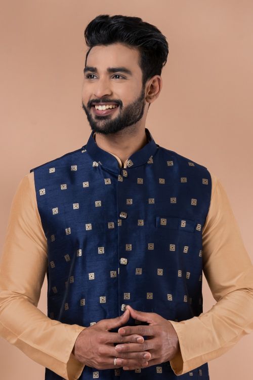 Picture of Exquisite Mulberry Butti Navy Blue Kurta Pajama With Jacket