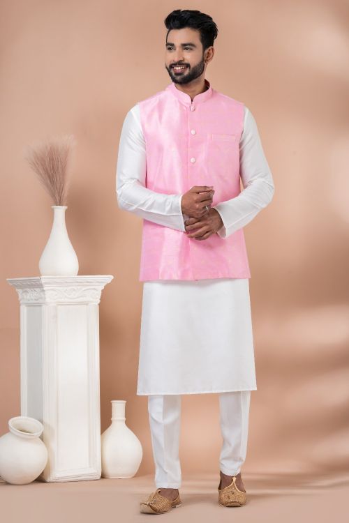 Picture of Fine Silk Pink Kurta Pajama With Jacket