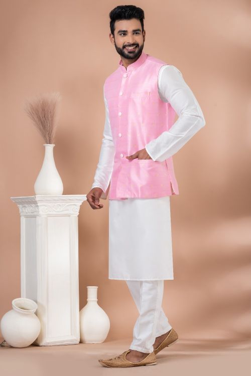 Picture of Fine Silk Pink Kurta Pajama With Jacket