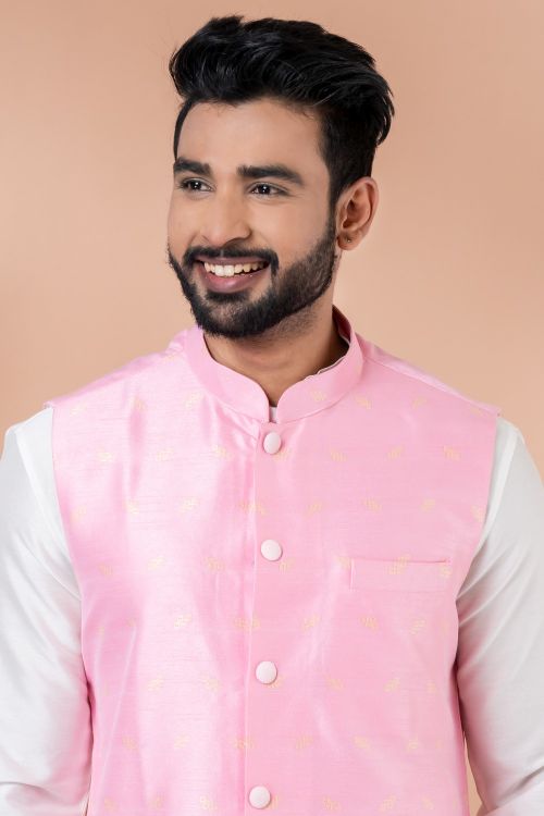 Picture of Fine Silk Pink Kurta Pajama With Jacket