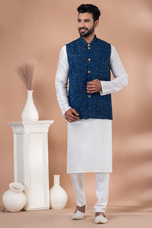 Picture of Ideal Viscose Navy Blue Kurta Pajama With Jacket
