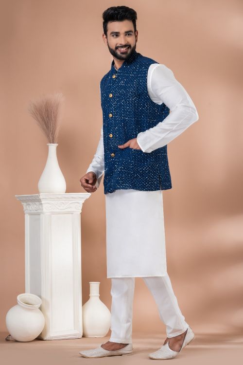 Picture of Ideal Viscose Navy Blue Kurta Pajama With Jacket