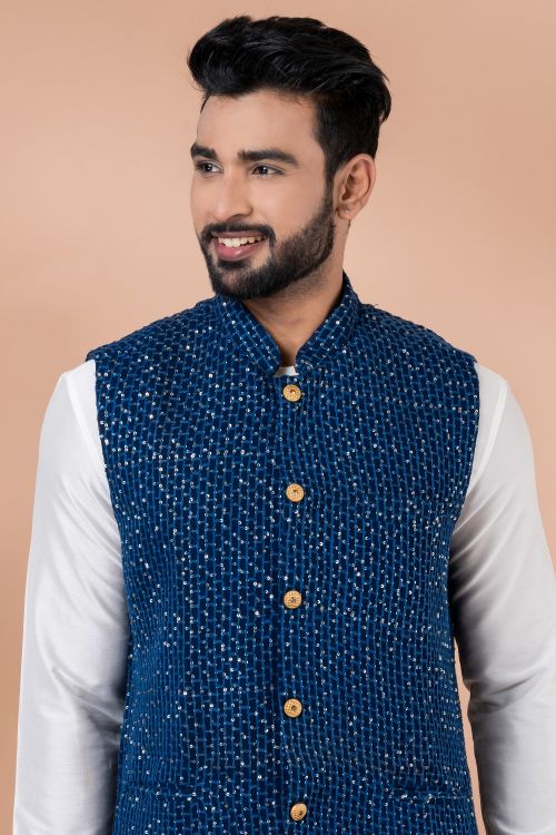 Picture of Ideal Viscose Navy Blue Kurta Pajama With Jacket