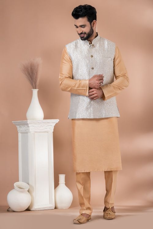Picture of Exquisite Jacquard Silk Multi Kurta Pajama With Jacket