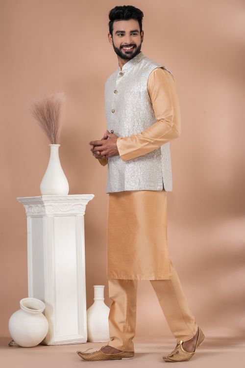 Picture of Exquisite Jacquard Silk Multi Kurta Pajama With Jacket