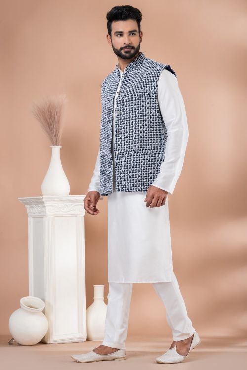 Picture of Fine Georgette Navy Blue Kurta Pajama With Jacket