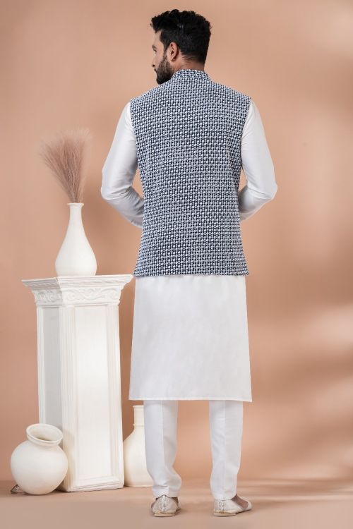 Picture of Fine Georgette Navy Blue Kurta Pajama With Jacket