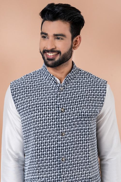 Picture of Fine Georgette Navy Blue Kurta Pajama With Jacket