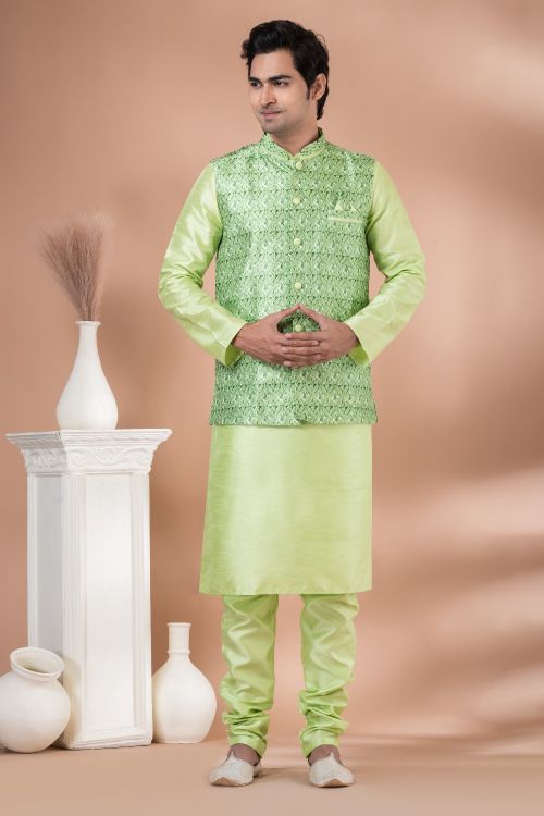 Picture of Bewitching Silk Green Kurta Pajama With Jacket
