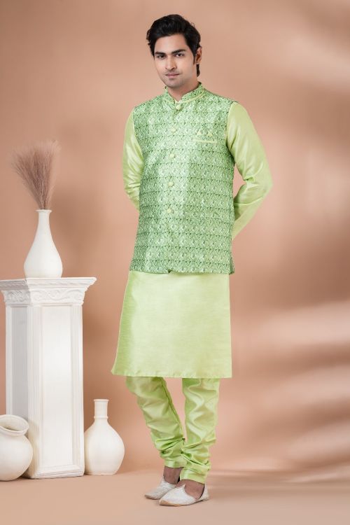 Picture of Bewitching Silk Green Kurta Pajama With Jacket