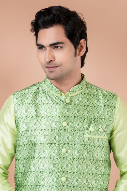 Picture of Bewitching Silk Green Kurta Pajama With Jacket