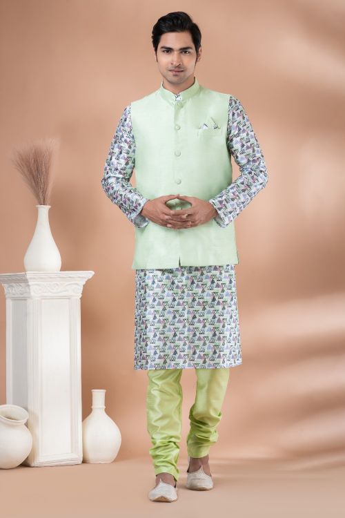 Picture of Shapely Banarasi Silk Light Green Kurta Pajama With Jacket