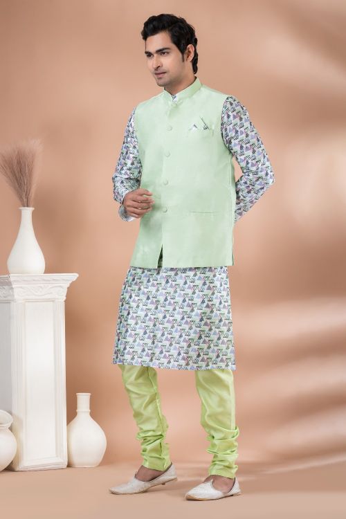 Picture of Shapely Banarasi Silk Light Green Kurta Pajama With Jacket