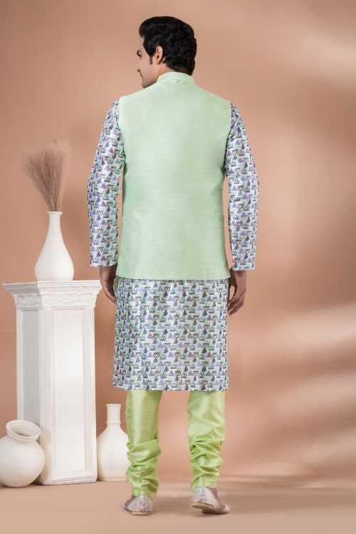 Picture of Shapely Banarasi Silk Light Green Kurta Pajama With Jacket