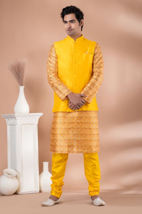 Picture of Sublime Banarasi Silk Yellow Kurta Pajama With Jacket