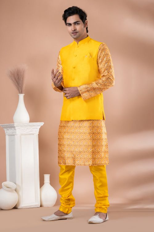 Picture of Sublime Banarasi Silk Yellow Kurta Pajama With Jacket