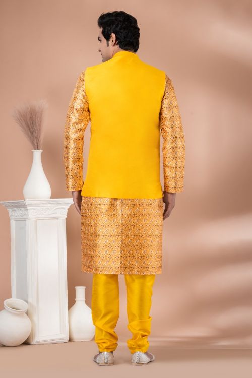 Picture of Sublime Banarasi Silk Yellow Kurta Pajama With Jacket