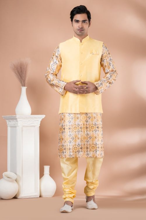 Picture of Marvelous Banarasi Silk Yellow Kurta Pajama With Jacket