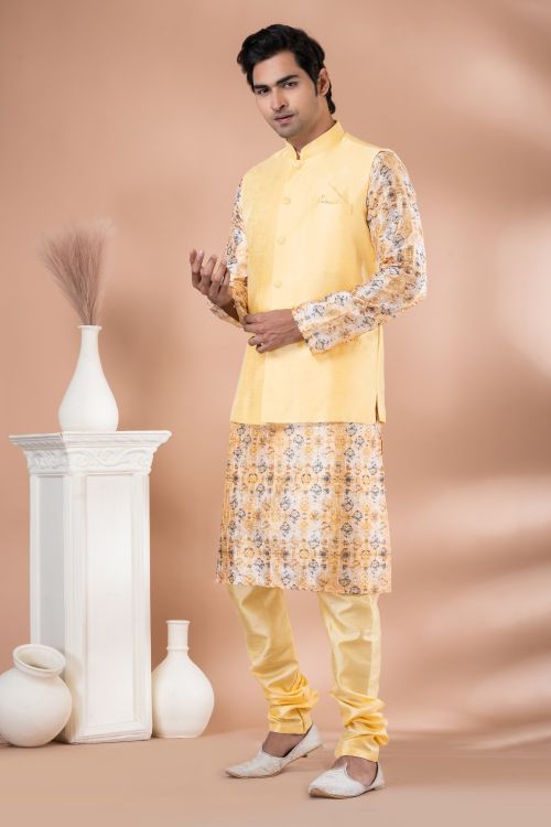 Picture of Marvelous Banarasi Silk Yellow Kurta Pajama With Jacket
